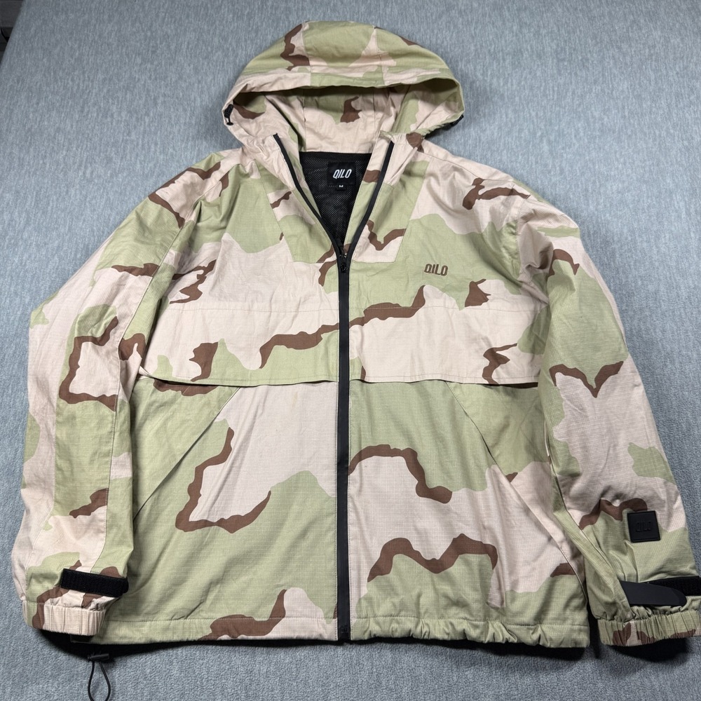 QILO Jacket Men M Tan Camo Full Zip Hooded Windbreaker Ripstop Tactical Utility